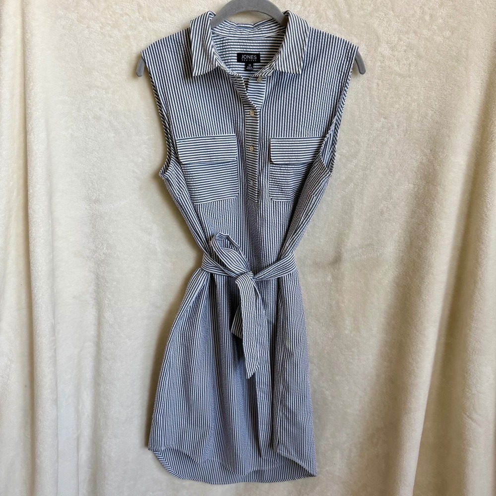 Jones New York Navy Seersucker Pinstripe Sleeveless Shirtdress Belted Sz 12